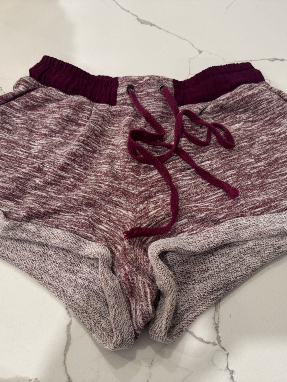 Women’s Athletic Marled Burgundy Knit Shorts with Drawstring